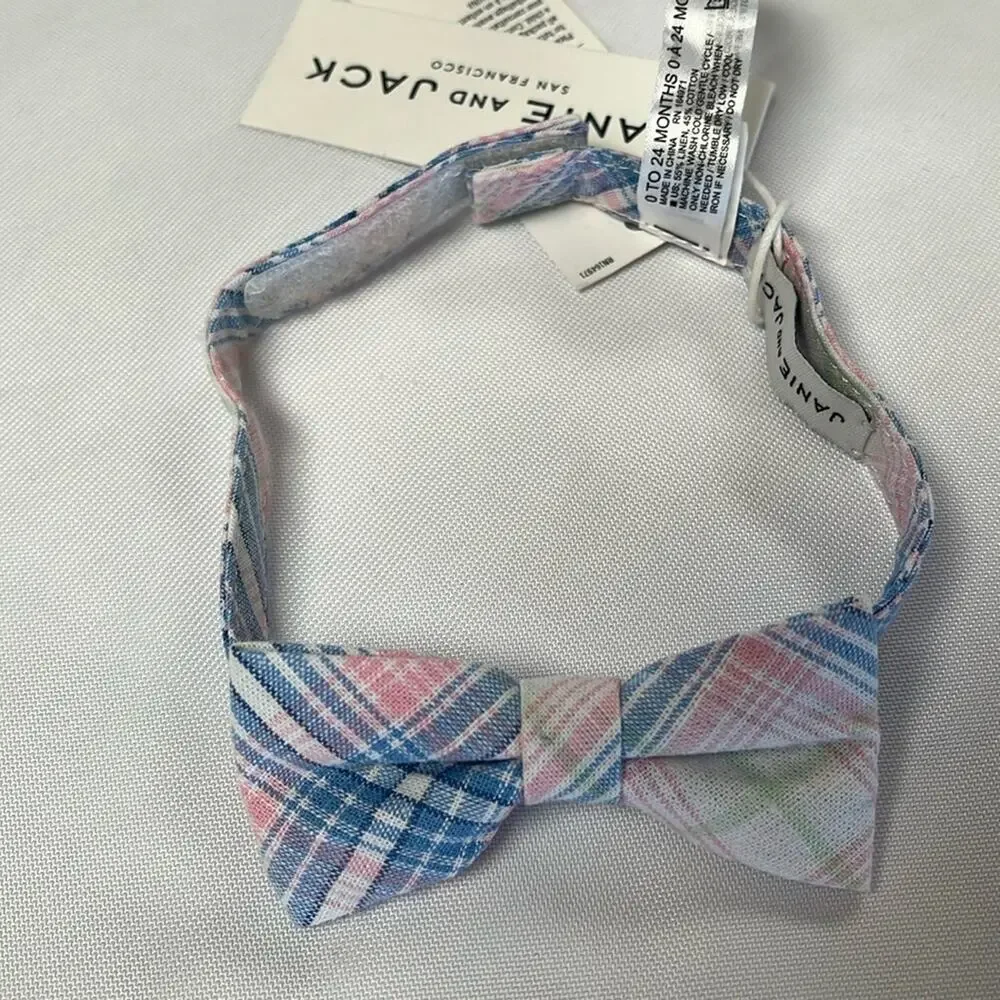 Janie and Jack Bowtie Linen Plaid Adjustable Blue Pink White Baby Toddler 0-24M